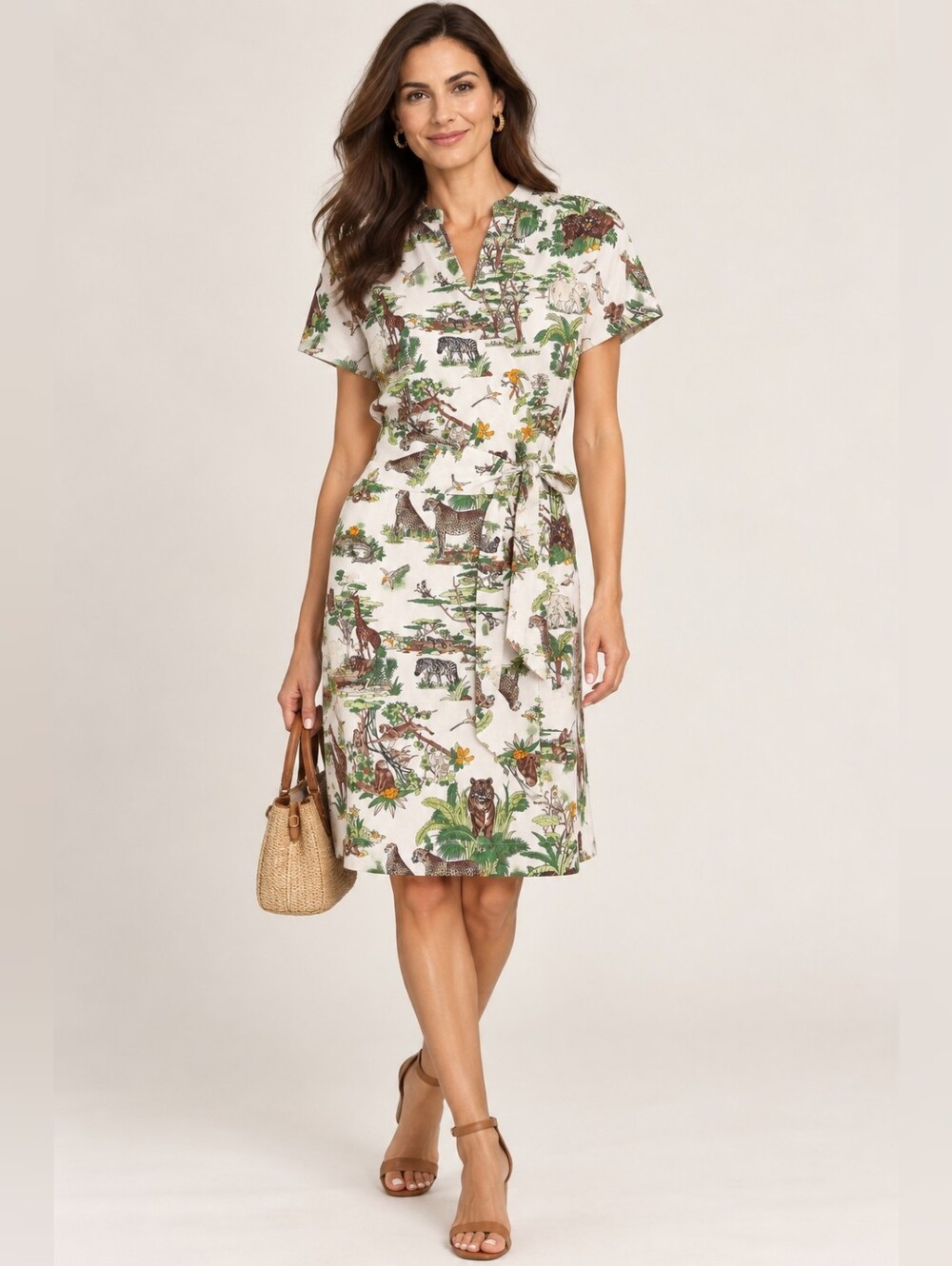 Rani Arabella Green and White Silk Safari Print Cap-Sleeve Dress